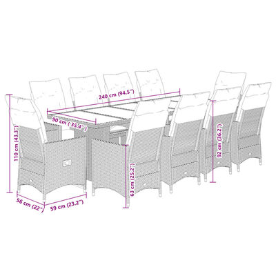 vidaXL Set de mesa y sillas de jardín 11 pzas y cojines ratán PE beige