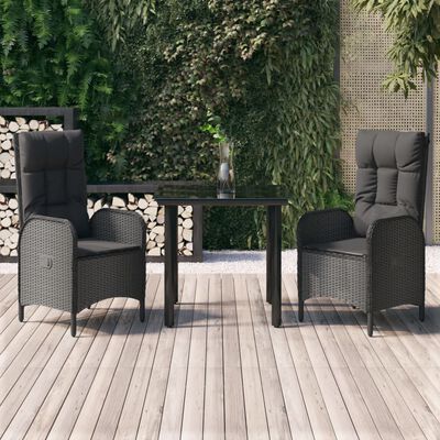 vidaXL Set comedor de jardín 3 pzas con cojines ratán sintético negro