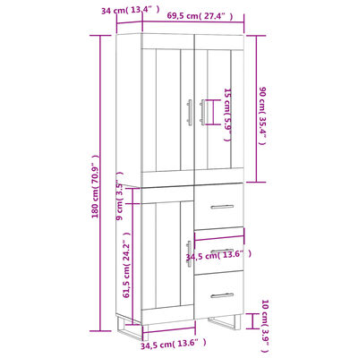 vidaXL Aparador alto madera contrachapada blanco 69,5x34x180 cm