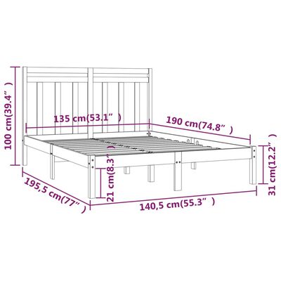 vidaXL Estructura de cama doble madera maciza negra 135x190 cm