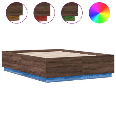 vidaXL Estructura cama con luces LED madera roble marrón 135x190 cm