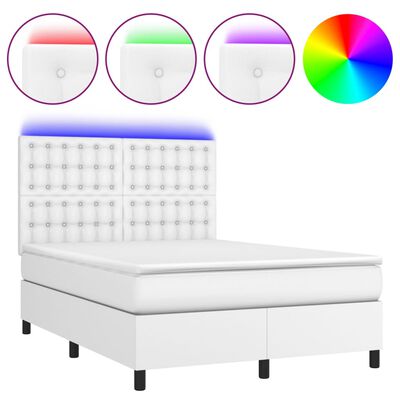 vidaXL Cama box spring colchón y LED cuero sintético blanco 140x200 cm