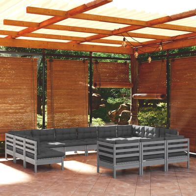 vidaXL Juego de muebles de jardín 13 pzas y cojines madera pino gris