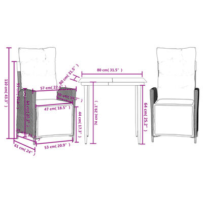 vidaXL Set comedor de jardín 3 piezas y cojines ratán sintético marrón