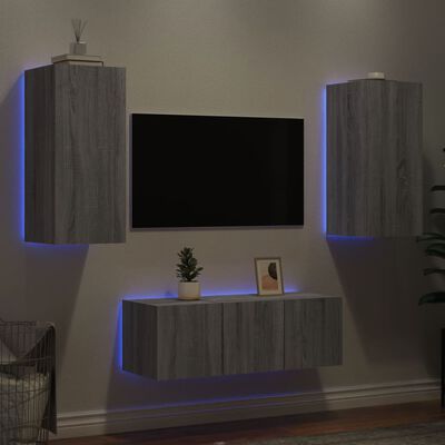 vidaXL Muebles TV pared con LED 4 pzas madera ingeniería gris Sonoma