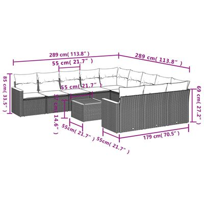 vidaXL Set de sofás de jardín 12 pzas con cojines ratán sintético gris