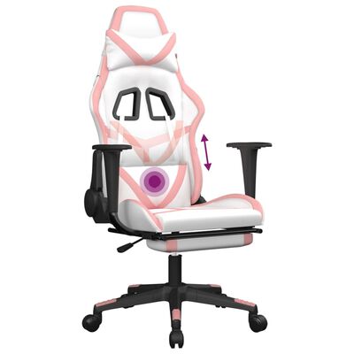 vidaXL Silla gaming masaje y reposapiés cuero sintético blanco y rosa