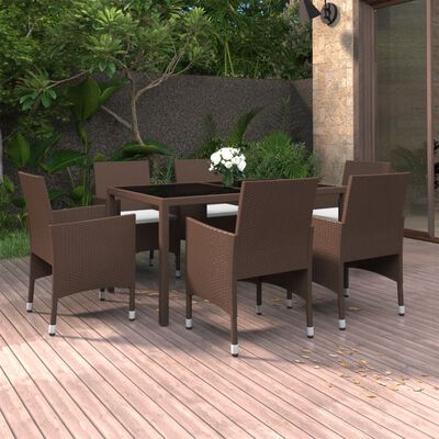 vidaXL Set de comedor de jardín 7 pzas ratán PE vidrio templado marrón