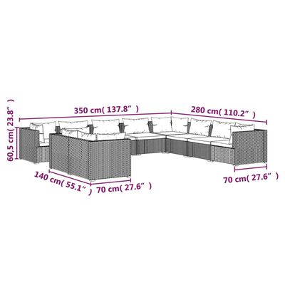 vidaXL Set muebles de jardín 10 pzas y cojines ratán sintético marrón