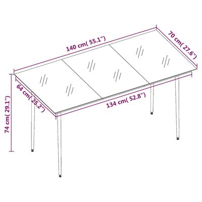 vidaXL Mesa de comedor de jardín acero y vidrio negra 140x70x74 cm