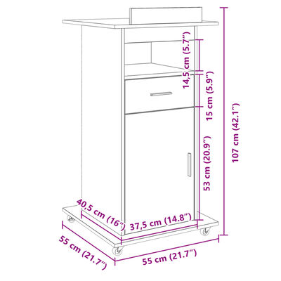 vidaXL Atril con ruedas y cajón madera roble ahumado 55x55x107 cm