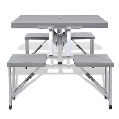 vidaXL Set mesa plegable de camping y 4 taburetes aluminio gris claro