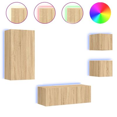 vidaXL Muebles TV pared con LED 5 pzas madera ingeniería roble Sonoma