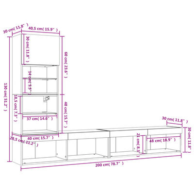 vidaXL Muebles TV pared con LED 4 pzas madera ingeniería gris hormigón