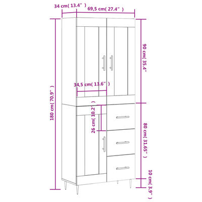 vidaXL Aparador alto madera contrachapada gris hormigón 69,5x34x180 cm