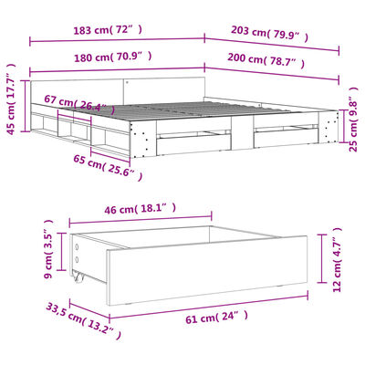 vidaXL Cama con cajones madera ingeniería gris Sonoma 180x200 cm