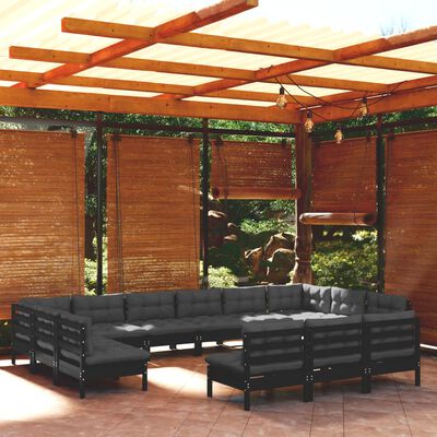 vidaXL Muebles de jardín 13 pzas y cojines negro madera maciza de pino