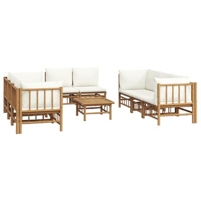 vidaXL Set de muebles de jardín 9 piezas bambú y cojines blanco crema