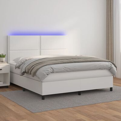 vidaXL Cama box spring colchón y LED cuero sintético blanco 180x200 cm