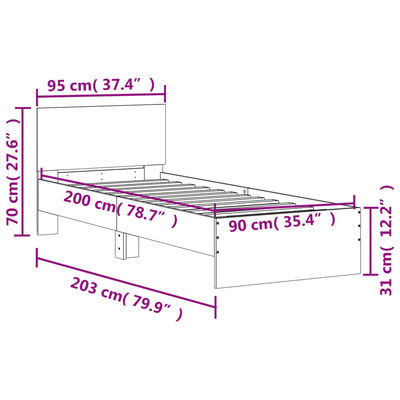 vidaXL Estructura de cama cabecero luces LED gris Sonoma 90x200 cm