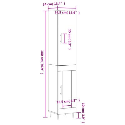 vidaXL Aparador alto madera contrachapada blanco brillo 34,5x34x180 cm