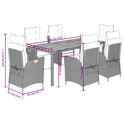 vidaXL Set de comedor de jardín 7 pzas y cojines ratán sintético negro