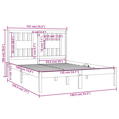 vidaXL Estructura de cama doble madera maciza negra 135x190 cm