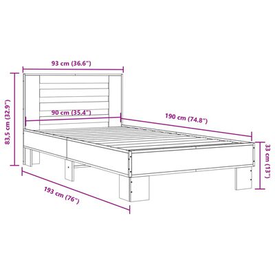 vidaXL Estructura cama madera ingeniería metal roble ahumado 90x190 cm