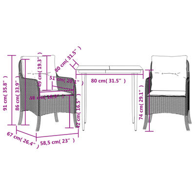 vidaXL Set comedor de jardín 3 piezas con cojines ratán sintético gris