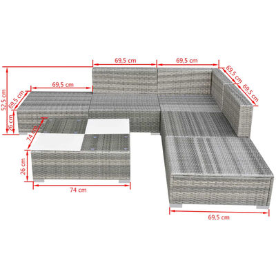 vidaXL Set de muebles de jardín 6 pzas y cojines ratán sintético gris