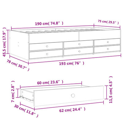 vidaXL Sofá cama con cajones sin colchón roble marrón 75x190 cm