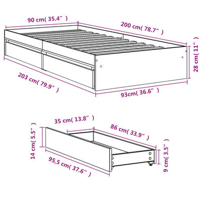 vidaXL Cama con cajones madera ingeniería roble Sonoma 90x200 cm