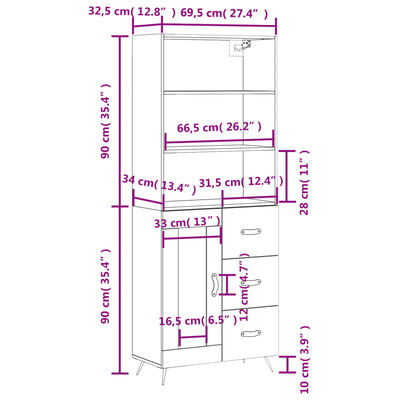 vidaXL Aparador alto madera contrachapada gris hormigón 69,5x34x180 cm