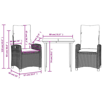 vidaXL Set comedor de jardín 3 piezas y cojines ratán sintético marrón