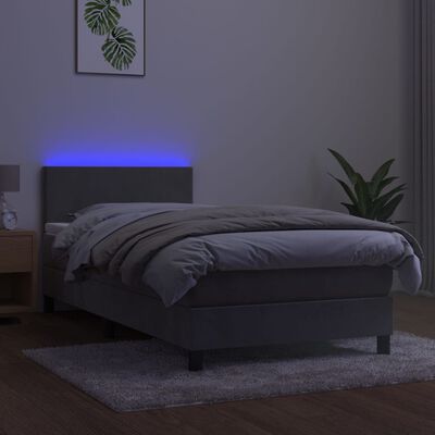 vidaXL Cama box spring colchón y LED terciopelo gris claro 90x200 cm