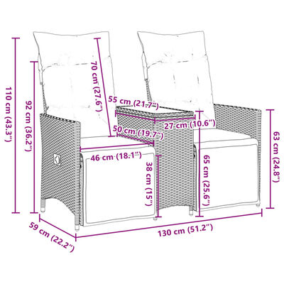 vidaXL Sofá de jardín reclinable de 2 plazas con mesa ratán PE gris