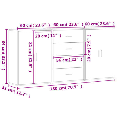 vidaXL Aparadores 3 unidades madera de ingeniería negro 60x31x84 cm