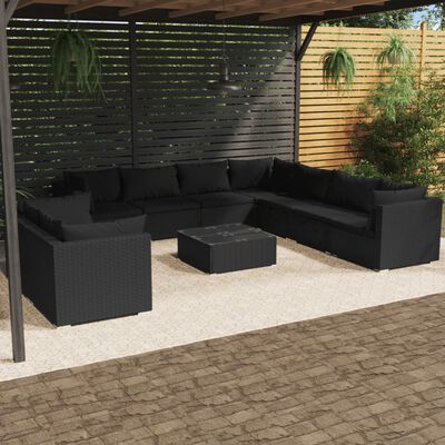 vidaXL Set de muebles de jardín 10 pzas cojines ratán sintético negro