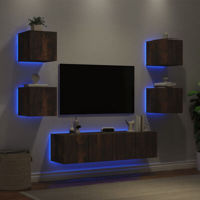 vidaXL Muebles TV pared con LED 6 pzas madera ingeniería roble ahumado