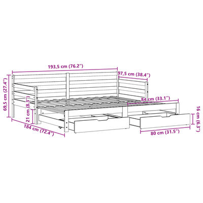 vidaXL Sofá cama nido con cajones madera maciza pino blanca 90x190 cm