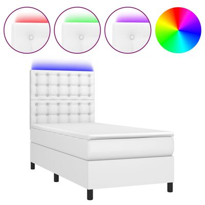 vidaXL Cama box spring y colchón LED cuero sintético blanco 90x200 cm