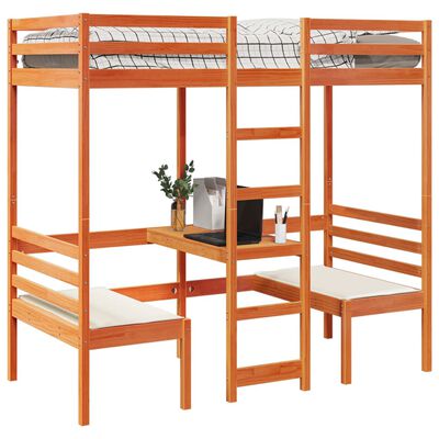 vidaXL Cama alta escritorio y asientos madera maciza marrón 75x190 cm