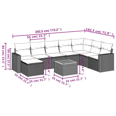 vidaXL Set de sofás de jardín con cojines 9 pzas ratán PE beige mezcla