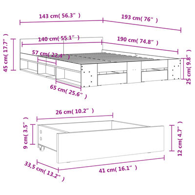 vidaXL Cama con cajones madera ingeniería roble Sonoma 140x190 cm