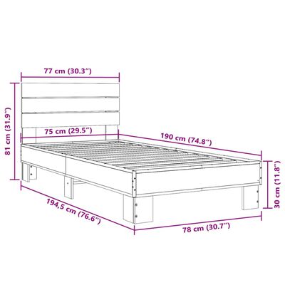 vidaXL Estructura cama madera ingeniería metal roble marrón 75x190 cm