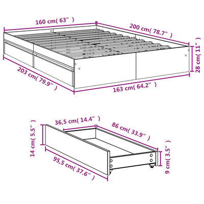 vidaXL Cama con cajones madera ingeniería roble Sonoma 160x200 cm