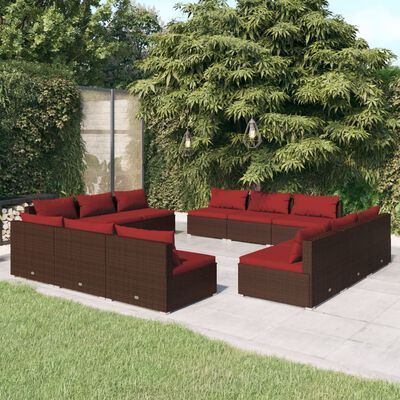 vidaXL Set muebles de jardín y cojines 12 pzas ratán sintético marrón