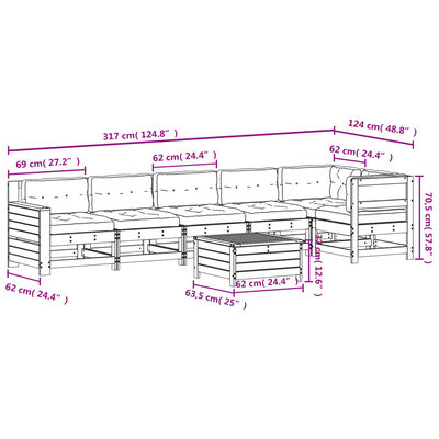 vidaXL Set muebles jardín 7 pzas con cojines madera maciza pino blanco