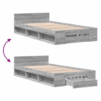 vidaXL Cama con cajón madera ingeniería gris Sonoma 100x200 cm