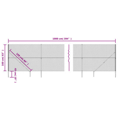 vidaXL Cerca de alambre con pinchos de anclaje plateado 1,6x10 m